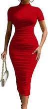 Load image into Gallery viewer, Elegant High Neck Red Short Sleeve Midi Cocktail Dress