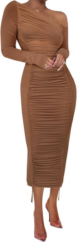 Mesh Maxi Brown Dress Off Shoulder Long Sleeve