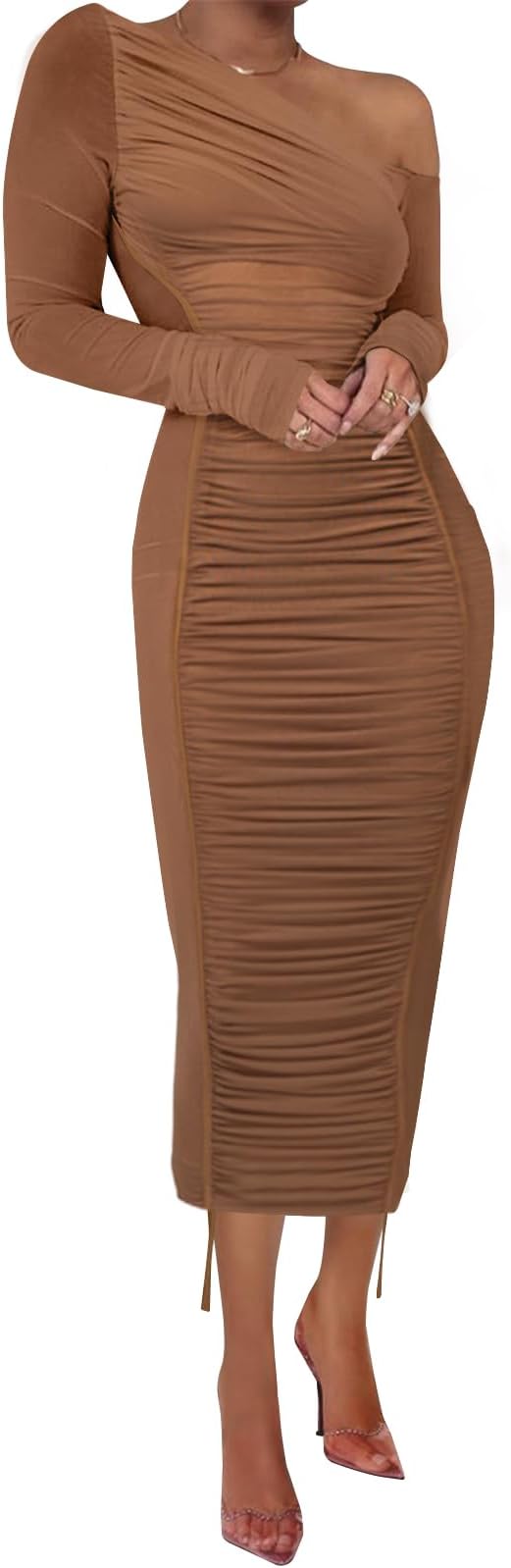 Mesh Maxi Brown Dress Off Shoulder Long Sleeve