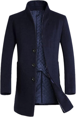 Men's Navy Blue Mid-Length Single Breasted Wool Blend Top Coat