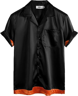 Men's Black Embroidery Satin Short Sleeve Shirt