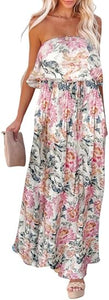 Boho Strapless White/Pink Floral Summer Maxi Dress