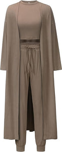 Kimono Style Tank Top Brown Sweatpants & Cardigan Loungewear Set