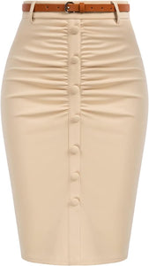 Business Style Beige Belted Button Down Pencil Skirt