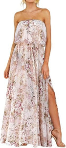 Boho Strapless White/Pink Floral Summer Maxi Dress