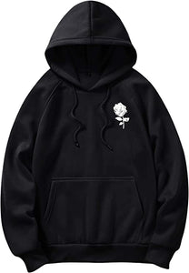 Men's Casual Drawstring White Rose Long Sleeve Hoodie