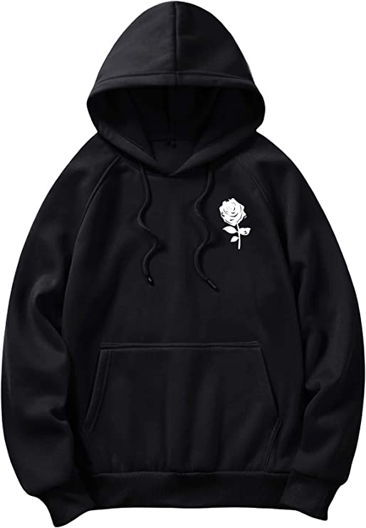 Men's Casual Drawstring Black Rose Long Sleeve Hoodie