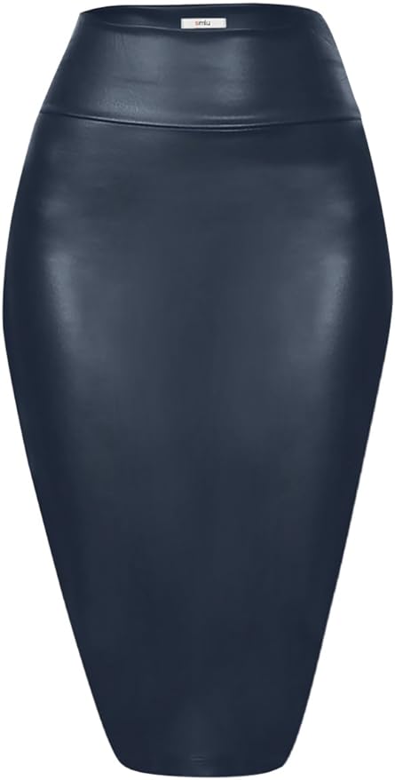 Navy Blue Faux Leather High Waist Pencil Skirt