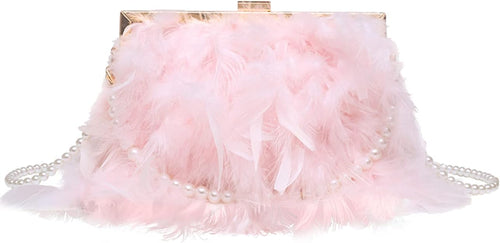 Elegant Pink Feathered Pearl Chain Strap Evening Bag