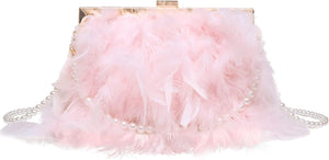 Elegant Pink Feathered Pearl Chain Strap Evening Bag
