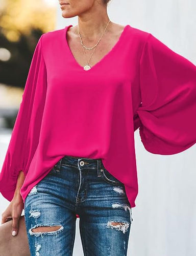 Chic Pink Balloon Sleeve Loose Fit Blouse