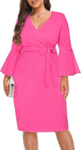 Load image into Gallery viewer, Plus Size Black V Neck Bell Sleeve Wrap Pencil Dress