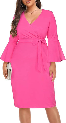 Plus Size Pink V Neck Bell Sleeve Wrap Pencil Dress