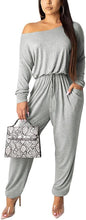 Load image into Gallery viewer, Comfy Knit Grey Off Shoulder Long Sleeve Jumpsuit