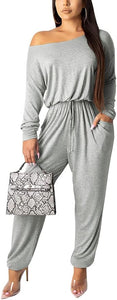 Comfy Knit Grey Off Shoulder Long Sleeve Jumpsuit