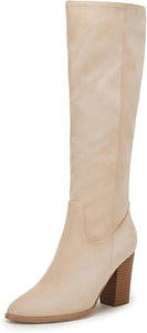 Beige Wide Calf Square Heel Knee High Boots