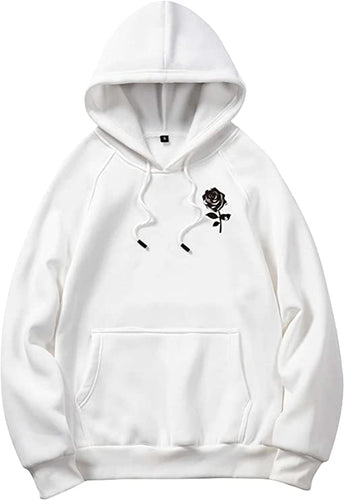 Men's Casual Drawstring White Rose Long Sleeve Hoodie