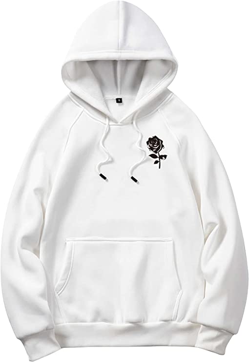 Men's Casual Drawstring White Rose Long Sleeve Hoodie