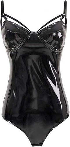 Black Faux Shiny Leather Bodysuit