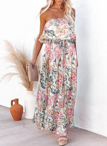 Boho Strapless Pink/Brown Floral Summer Maxi Dress