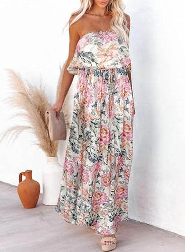 Boho Strapless Rose/White Floral Summer Maxi Dress