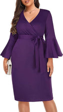 Load image into Gallery viewer, Plus Size White V Neck Bell Sleeve Wrap Pencil Dress