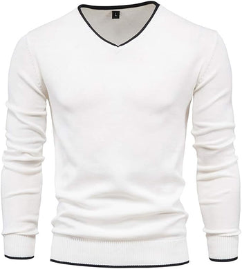Men's White Long Sleeve V Neck Sweater
