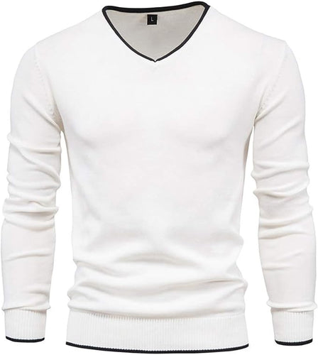 Men's White Long Sleeve V Neck Sweater