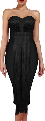 Sweetheart Black Strapless Bandage Tassel Midi Dress