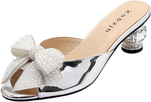 Silver Pearl Open Toe Jewel Embellished Bow Designer Shoes