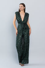 Load image into Gallery viewer, London Chic Emerald Green Deep V Power Shoulder Sequined Jumpsuit