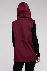 Burgundy Red Drawstring Waist Military Style Hoodie Vest