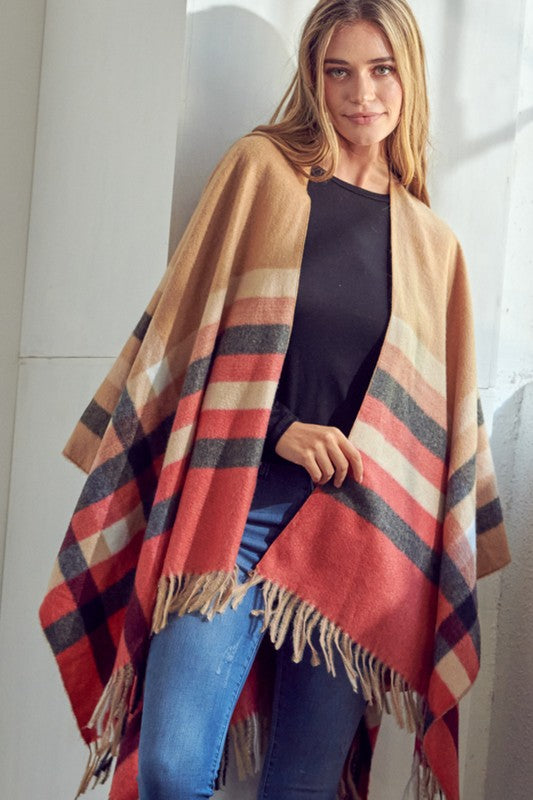 Plaid Khaki Pattern Shawl Poncho