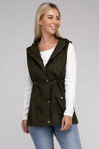 Black Drawstring Waist Military Style Hoodie Vest