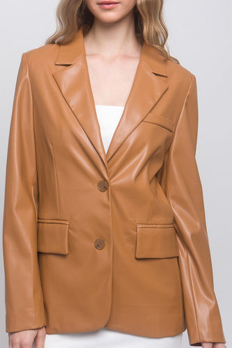 Women's Camel Long Sleeve Faux Leather Blazer