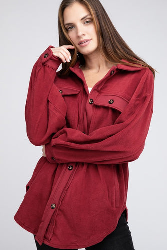 Fleece Burgundy Red Buttoned Down Oversized Jacket