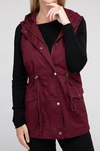 Burgundy Red Drawstring Waist Military Style Hoodie Vest