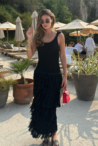 Italian Knit Black Fringe Sleeveless Maxi Dress