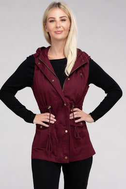 Burgundy Red Drawstring Waist Military Style Hoodie Vest