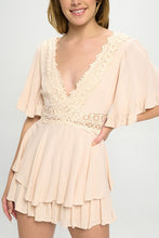 Load image into Gallery viewer, Beige Ruffle Sleeved Short Romper with Crochet Trim