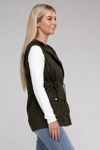 Black Drawstring Waist Military Style Hoodie Vest