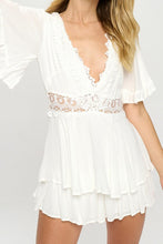 Load image into Gallery viewer, Beige Ruffle Sleeved Short Romper with Crochet Trim