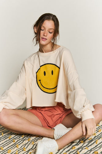 Smiley Face Cream Long Sleeve Crop Top