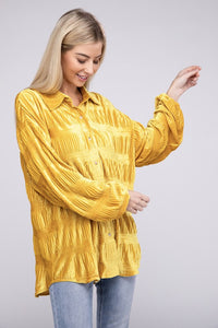 Wrinkle Effect Tiered Shirring Mustard Velvet Shirt