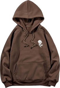 Men's Casual Drawstring Black Rose Long Sleeve Hoodie