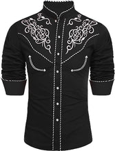 Load image into Gallery viewer, Men&#39;s Black Western Cowboy Embroidered Long Sleeve Shirt