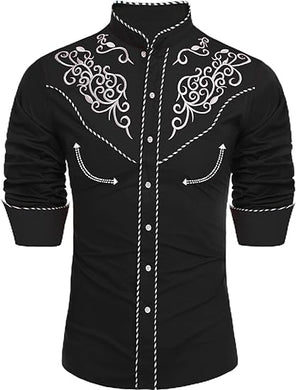 Men's Black Western Cowboy Embroidered Long Sleeve Shirt