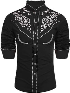 Men's Black Western Cowboy Embroidered Long Sleeve Shirt