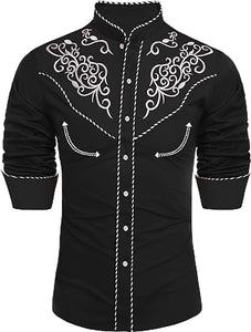 Men's Blue Western Cowboy Embroidered Long Sleeve Shirt