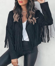 Load image into Gallery viewer, Moto Chic Black Fringed Faux Suede Leather Crop Jacket